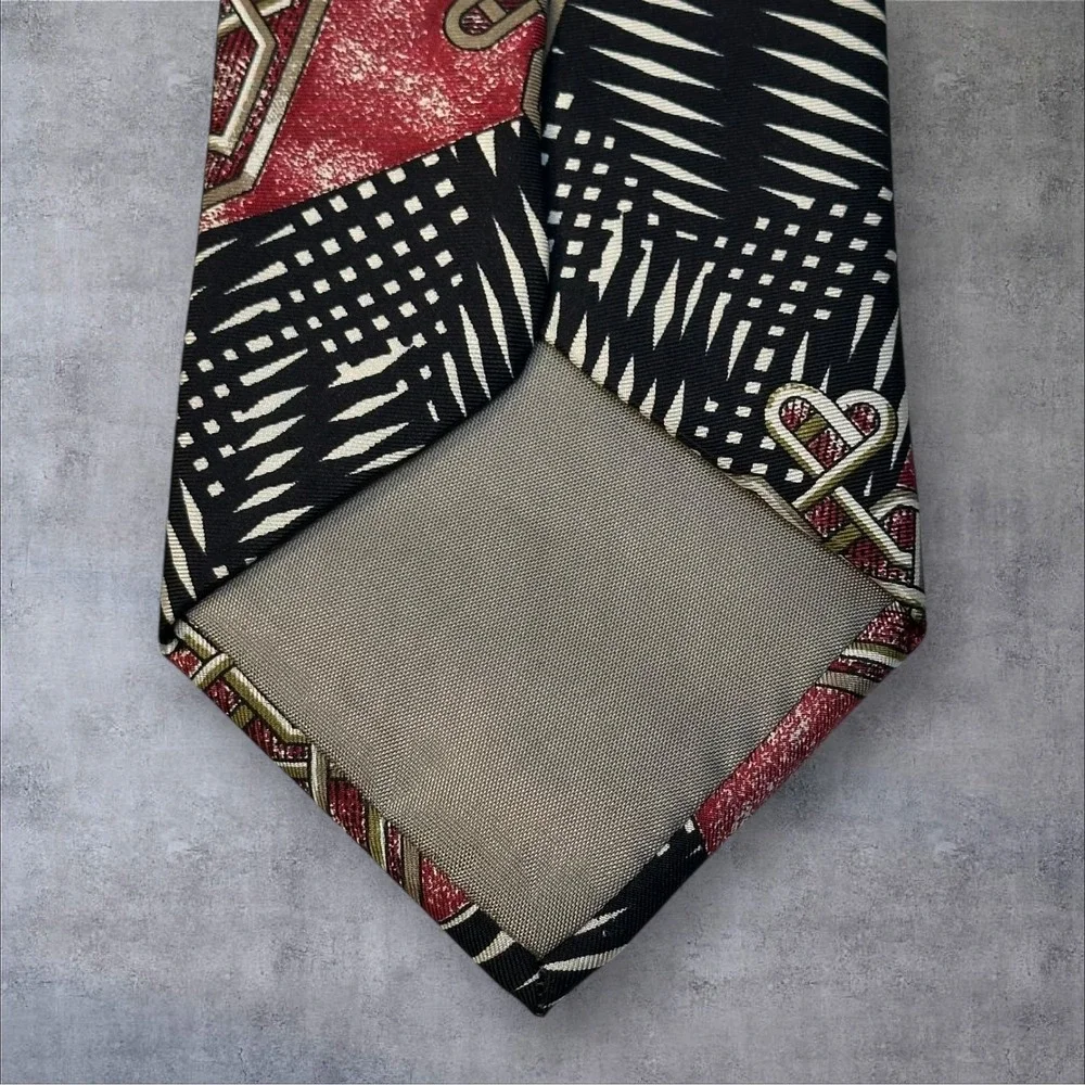 Patinni Union Made Silk Tie Red Black Geometric Pattern‎ Vintage Neckwear USA